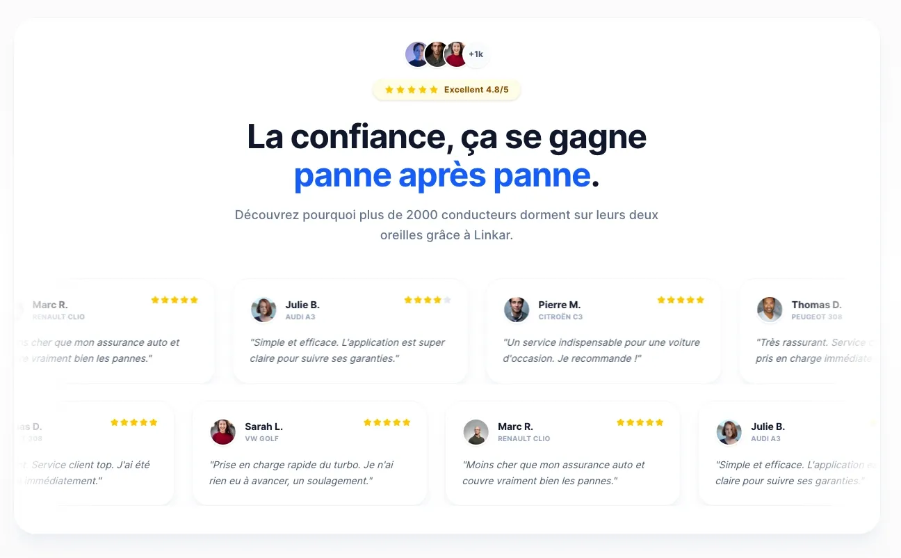 Avis clients garantie panne mécanique Linkar - note 4.8/5 sur plus de 1000 avis