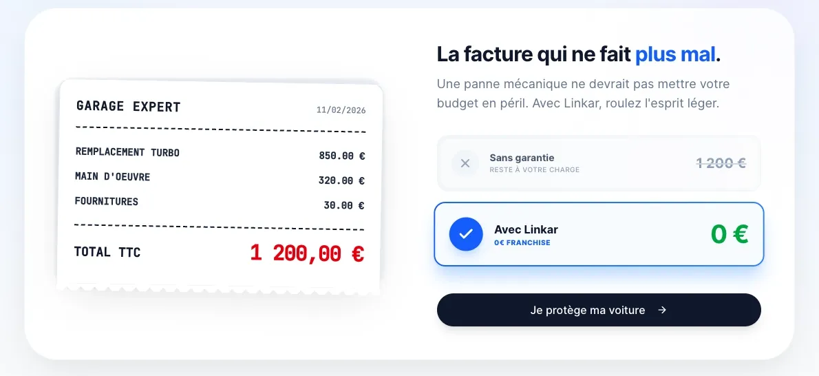 Comparaison facture réparation turbo 1200€ sans garantie vs 0€ avec Linkar