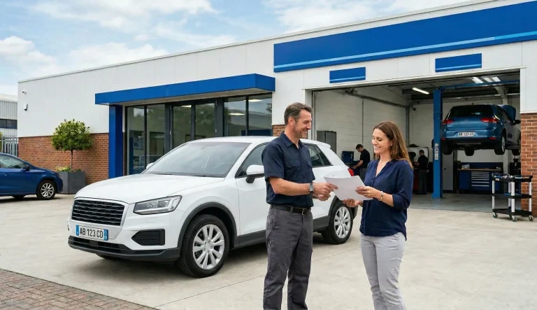 Garantie Linkar - mécanicien et propriétaire devant un garage consultant les documents de prise en charge panne mécanique