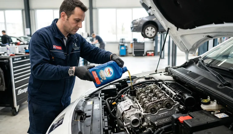 Huile moteur 5W30 versée dans un moteur 1.2 PureTech lors d’un entretien