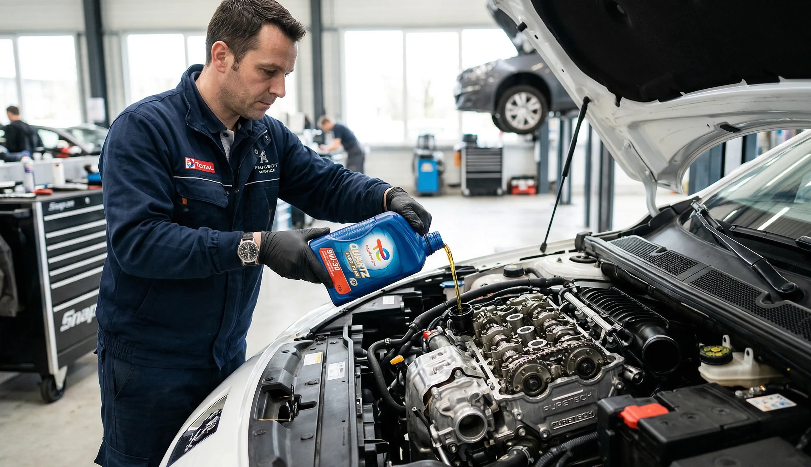 Huile moteur 5W30 versée dans un moteur 1.2 PureTech lors d’un entretien