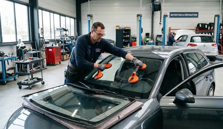 technicien remplaçant un pare-brise en atelier automobile combien de temps pour changer un pare brise