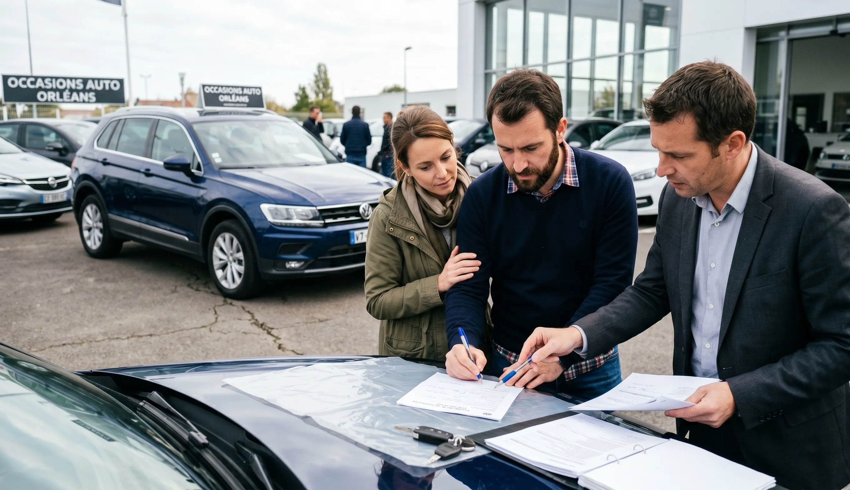 Signature des documents pour l'achat d'une voiture d'occasion entre vendeur et acheteur