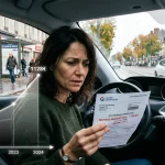Conducteur inquiet consultant une hausse de son assurance auto avec graphique d’augmentation des prix