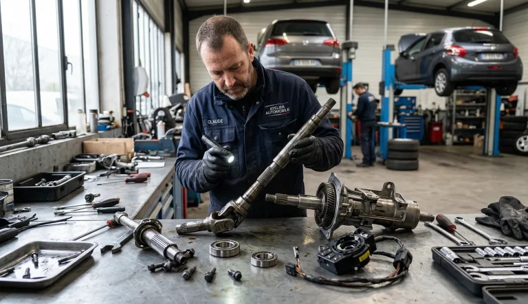 mécanicien inspectant une colonne de direction de voiture dans un atelier automobile