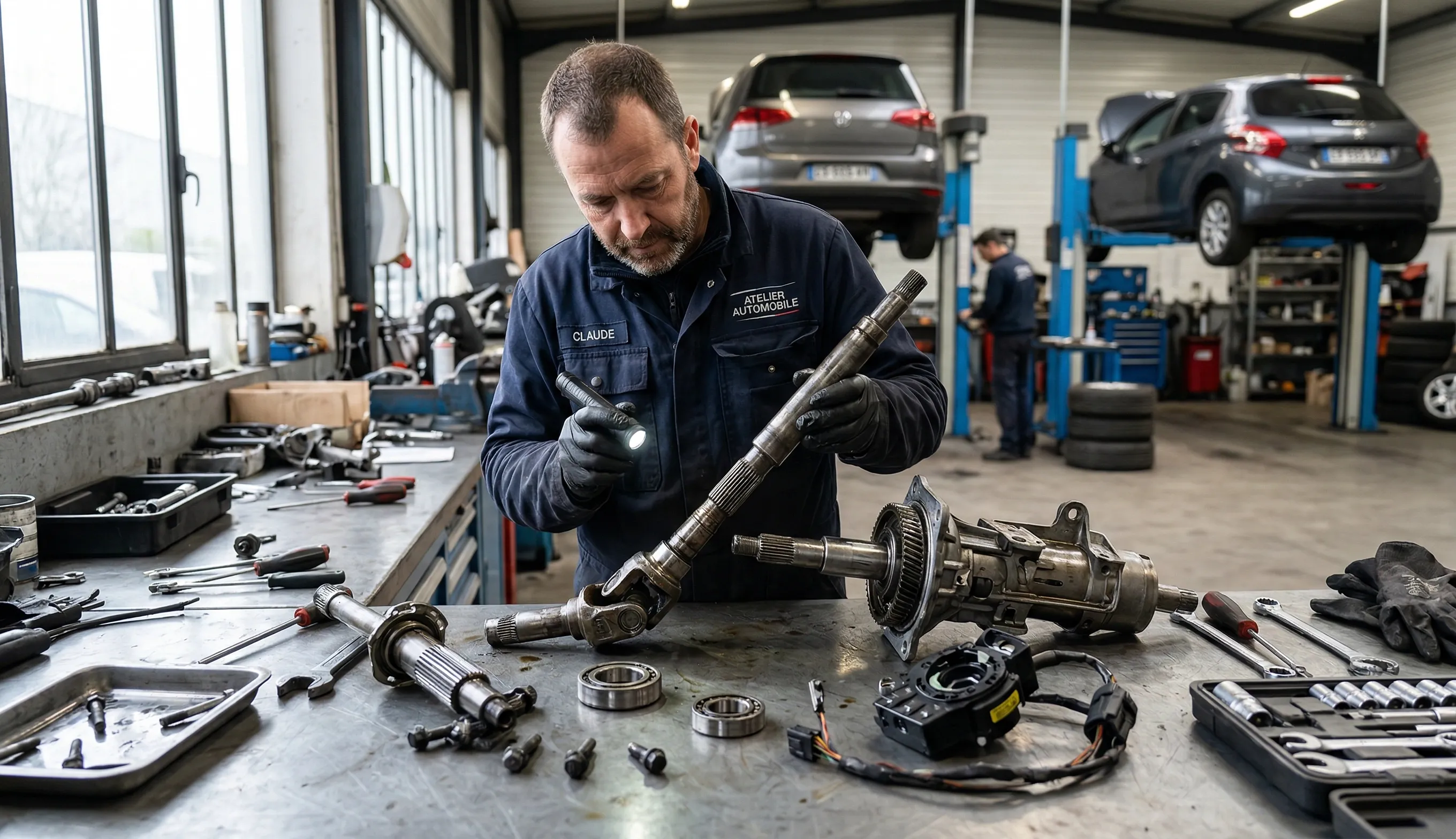 mécanicien inspectant une colonne de direction de voiture dans un atelier automobile