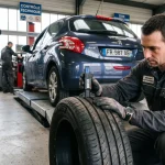 Contrôle technique d’un pneu de voiture vérifiant l’usure de la bande de roulement dans un garage automobile