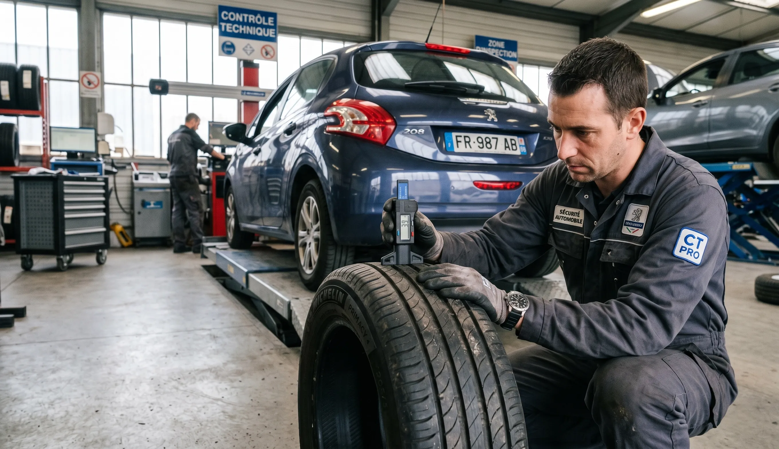 Contrôle technique d’un pneu de voiture vérifiant l’usure de la bande de roulement dans un garage automobile