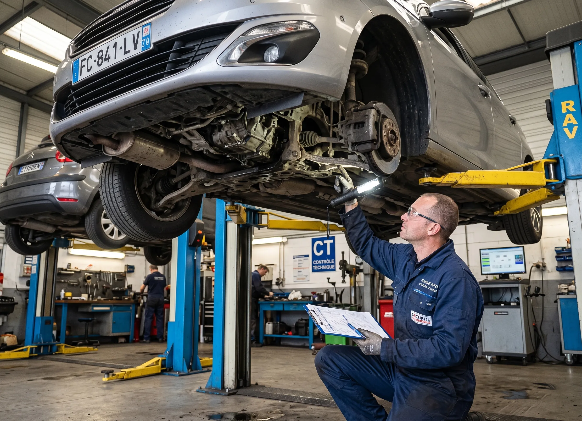 Contrôle technique d'une voiture d'occasion en garage avant achat