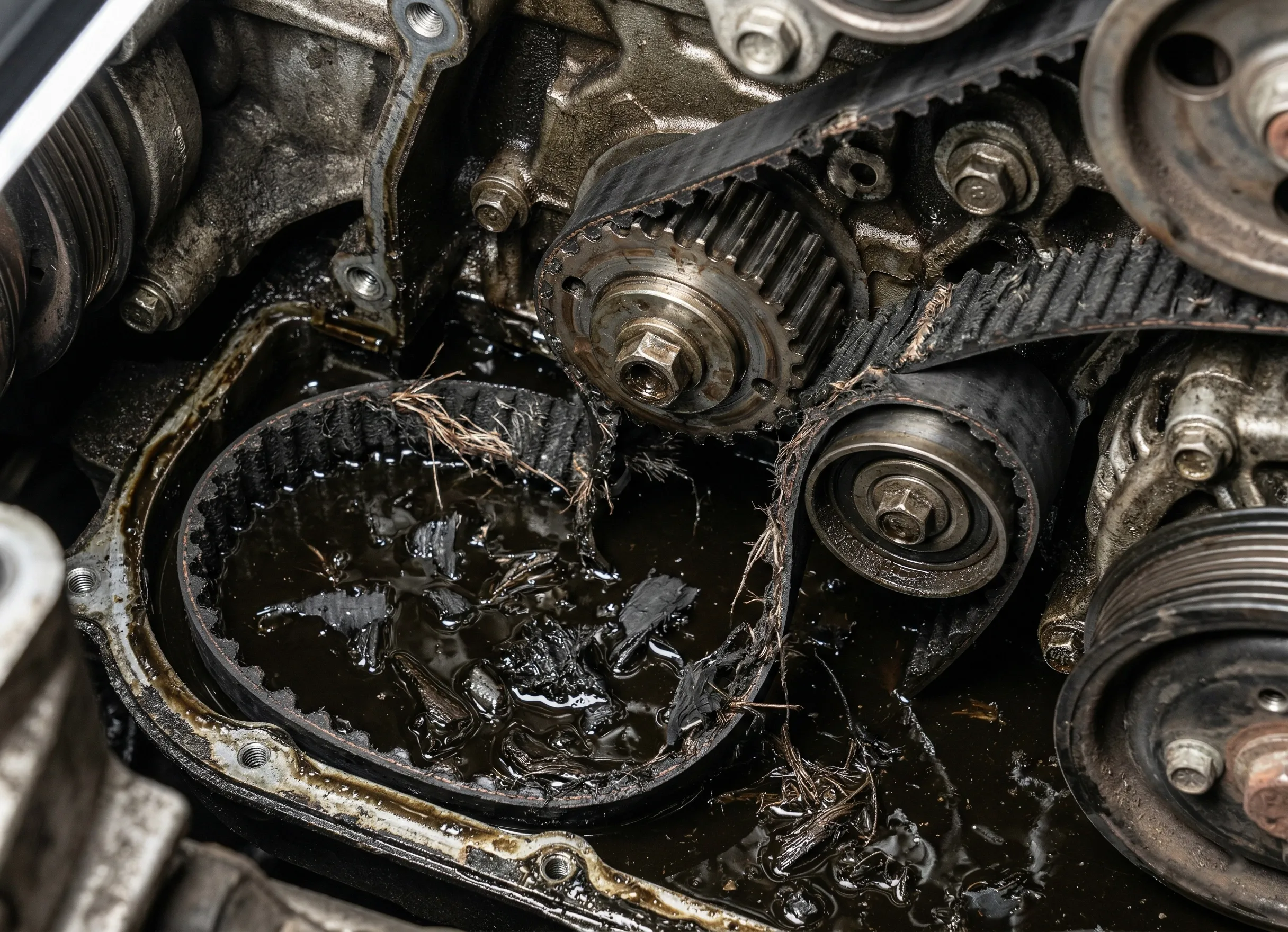 Courroie de distribution immergée PureTech usée avec résidus dans l’huile moteur