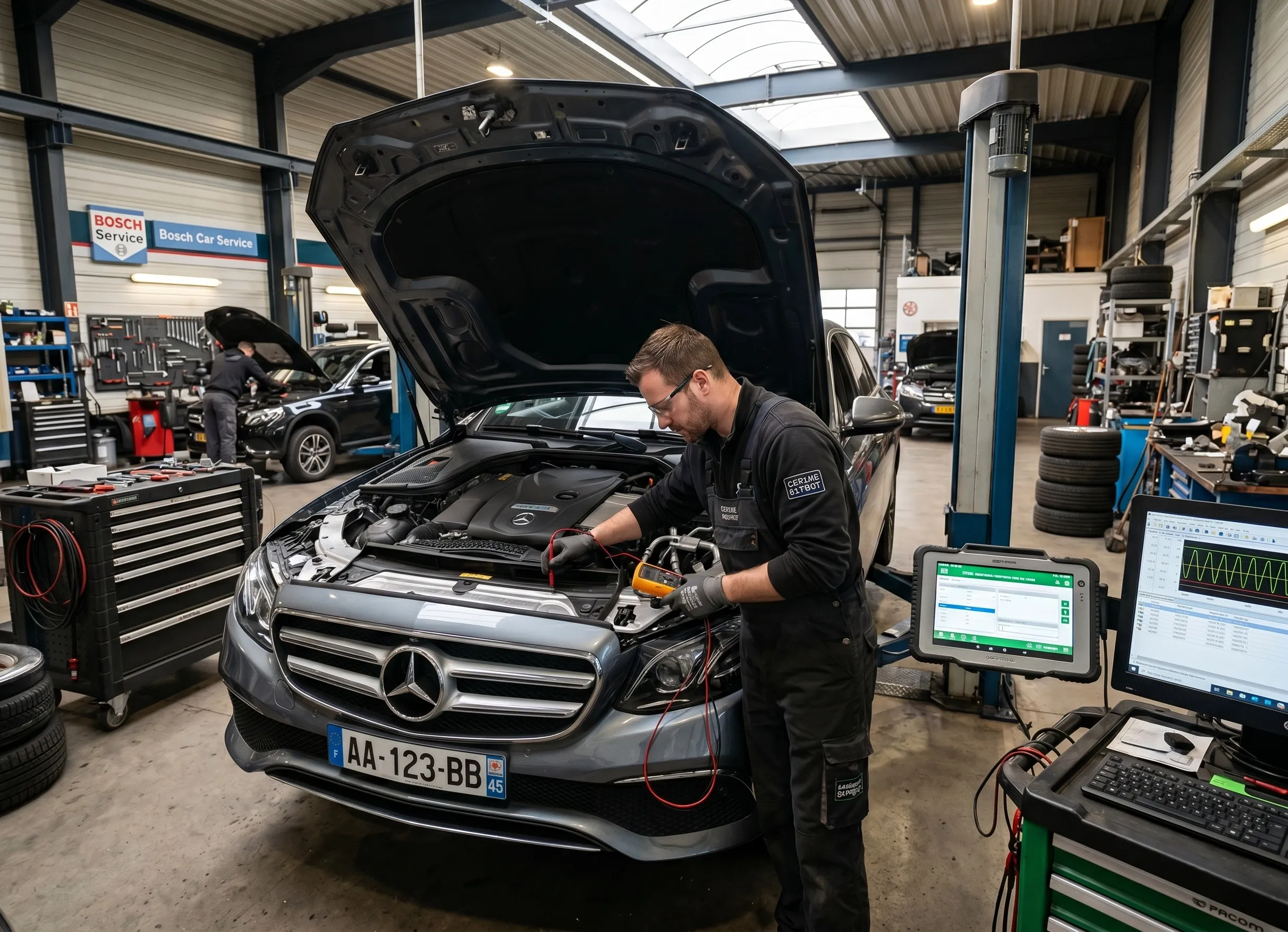 Mécanicien inspectant une voiture moderne avec composants électroniques coûteux en atelier