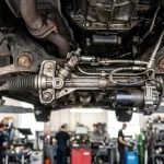 crémaillère de direction usée vue sous un véhicule en atelier