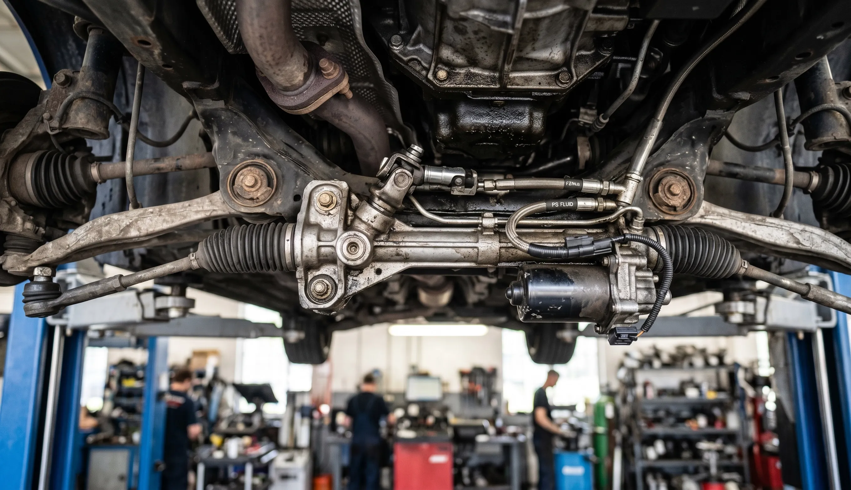 crémaillère de direction usée vue sous un véhicule en atelier