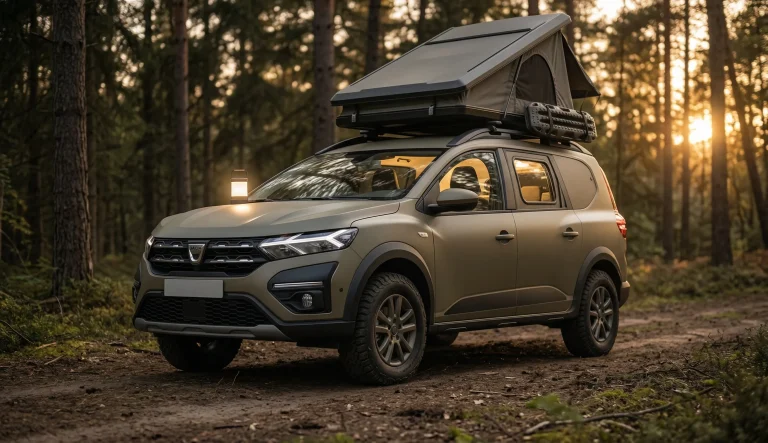 Dacia Sandman concept van aménagé en forêt au coucher de soleil, image réaliste générée par intelligence artificielle