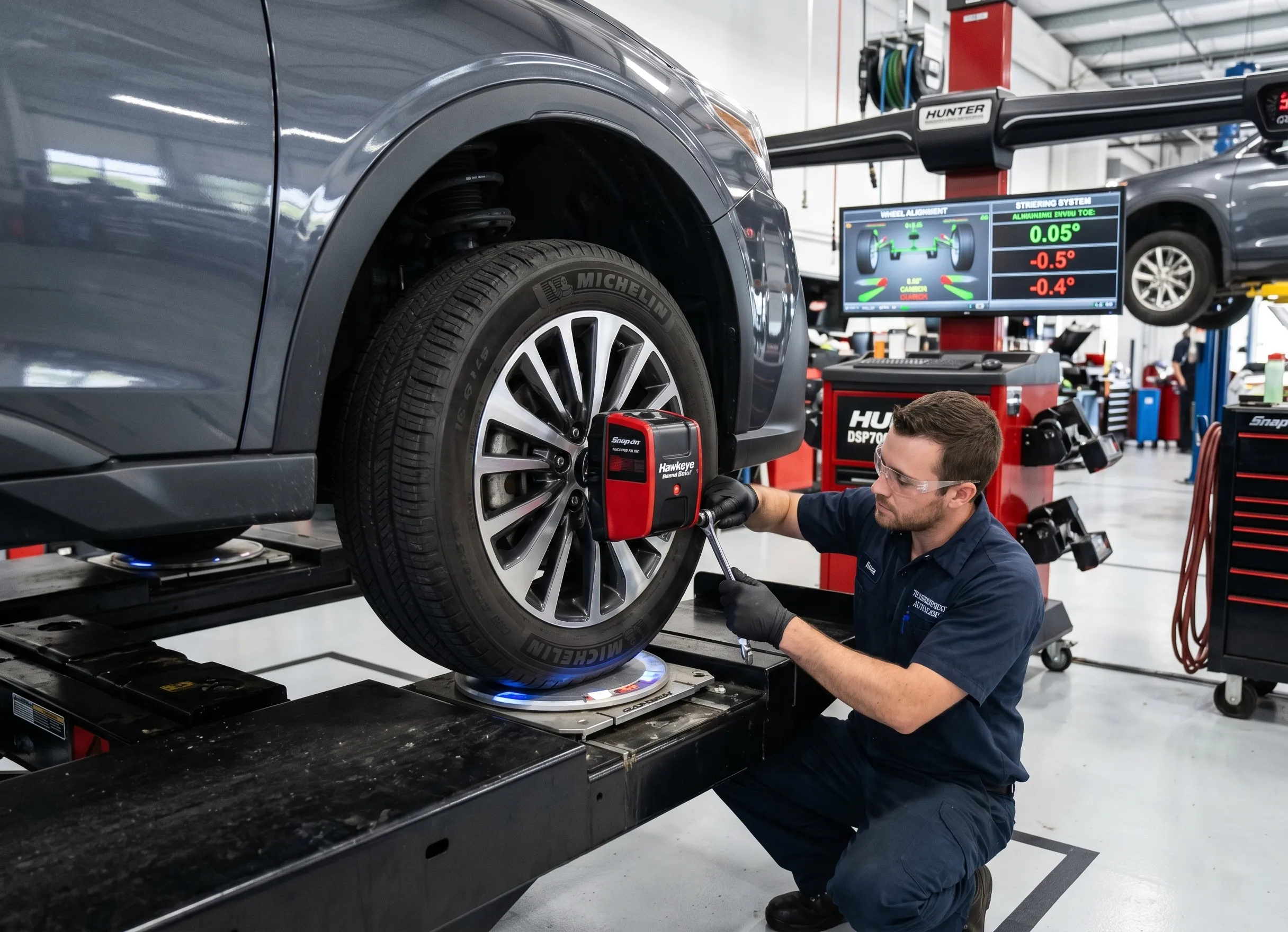 mécanicien effectuant un réglage de parallélisme pour préserver la direction