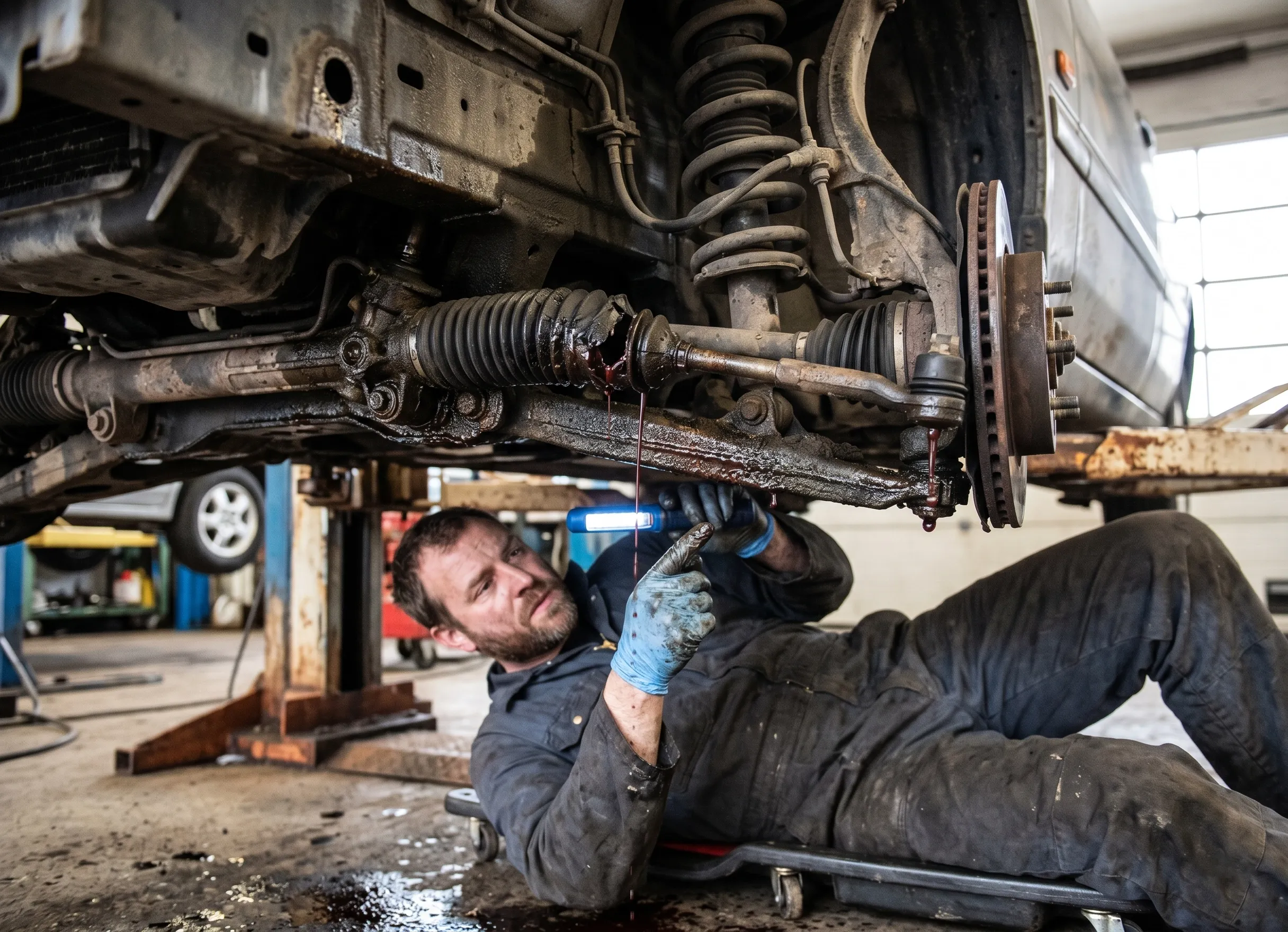 fuite de liquide sur crémaillère de direction avec soufflet endommagé