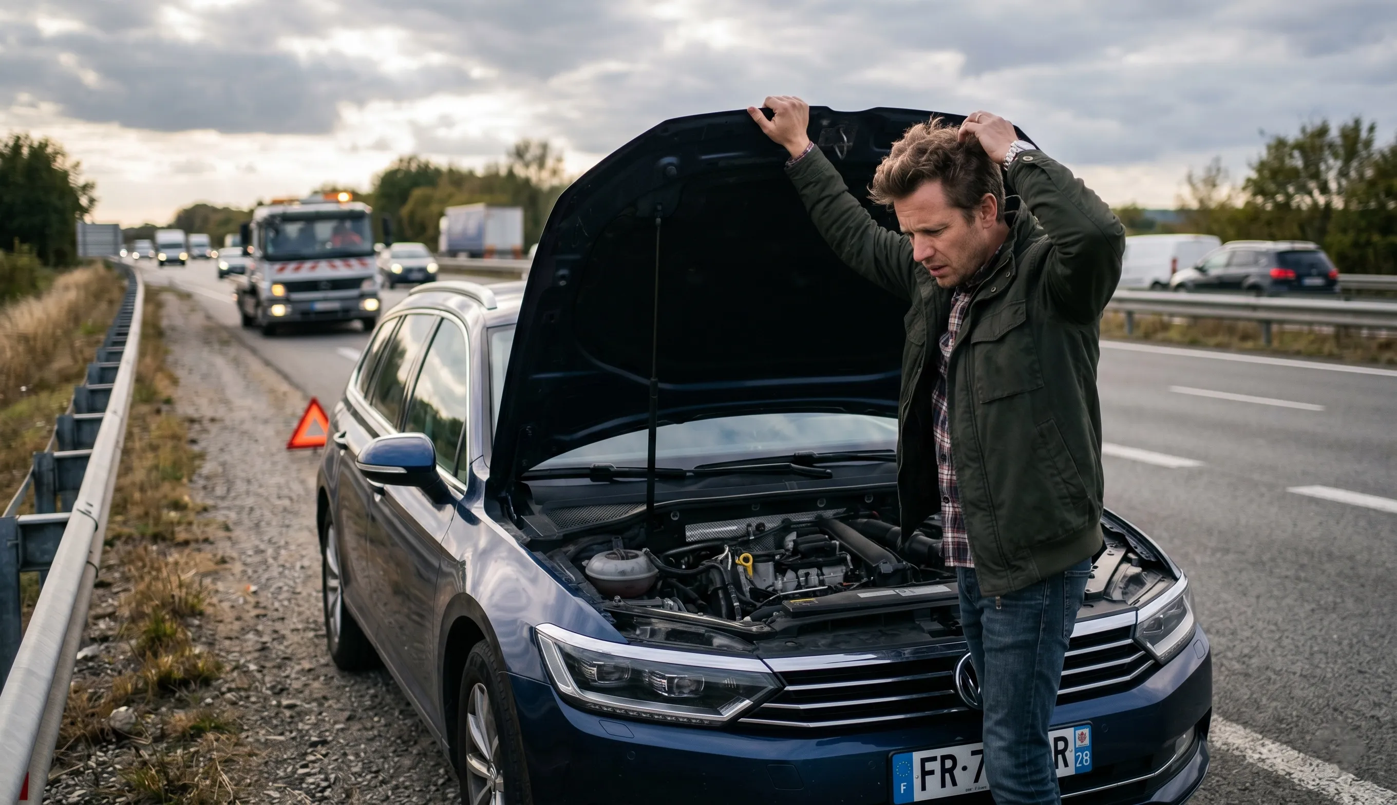 automobiliste inquiet devant une panne moteur coût réparation garantie mécanique