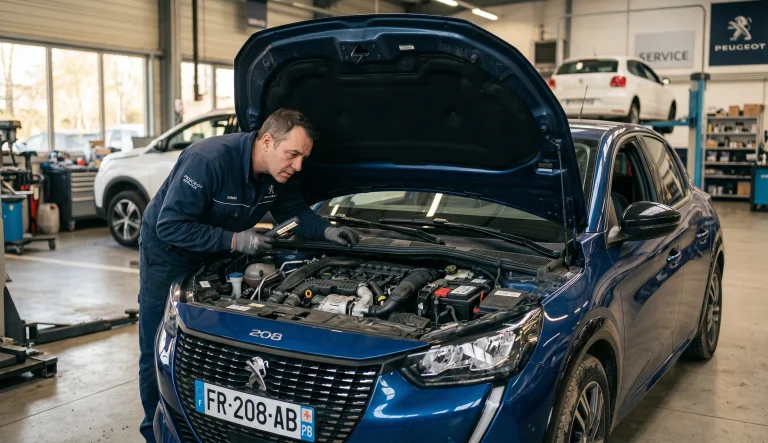 Problème moteur Peugeot 208 avec capot ouvert et inspection mécanique
