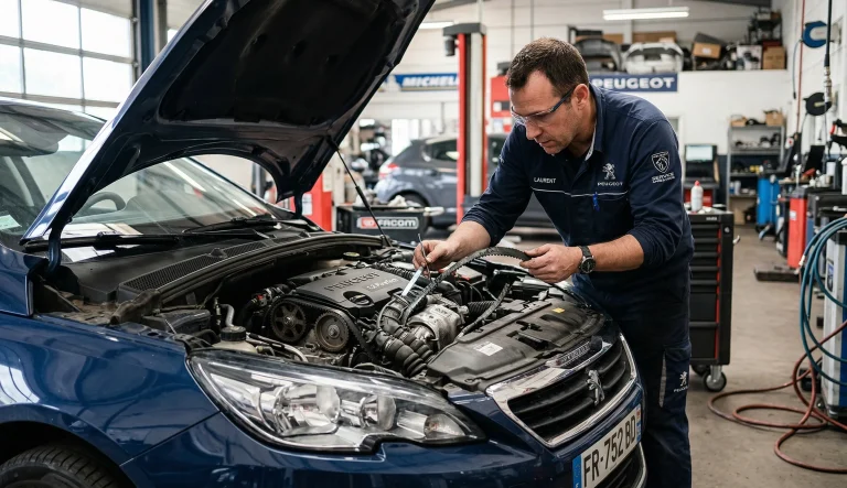 Moteur Peugeot avec problème de courroie PureTech dans un garage automobile