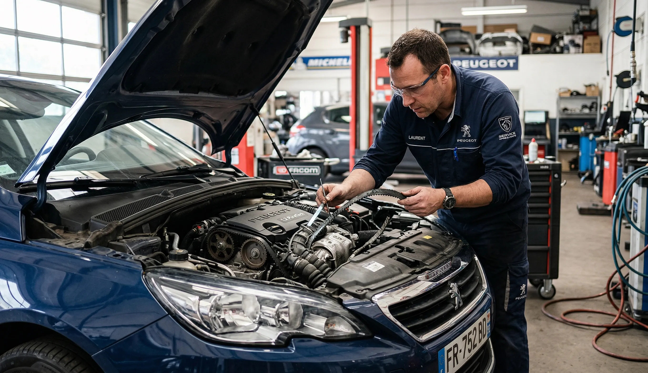 Moteur Peugeot avec problème de courroie PureTech dans un garage automobile