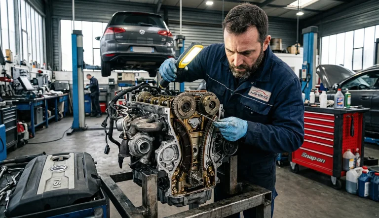 moteur TSI avec chaîne de distribution inspectée dans un garage