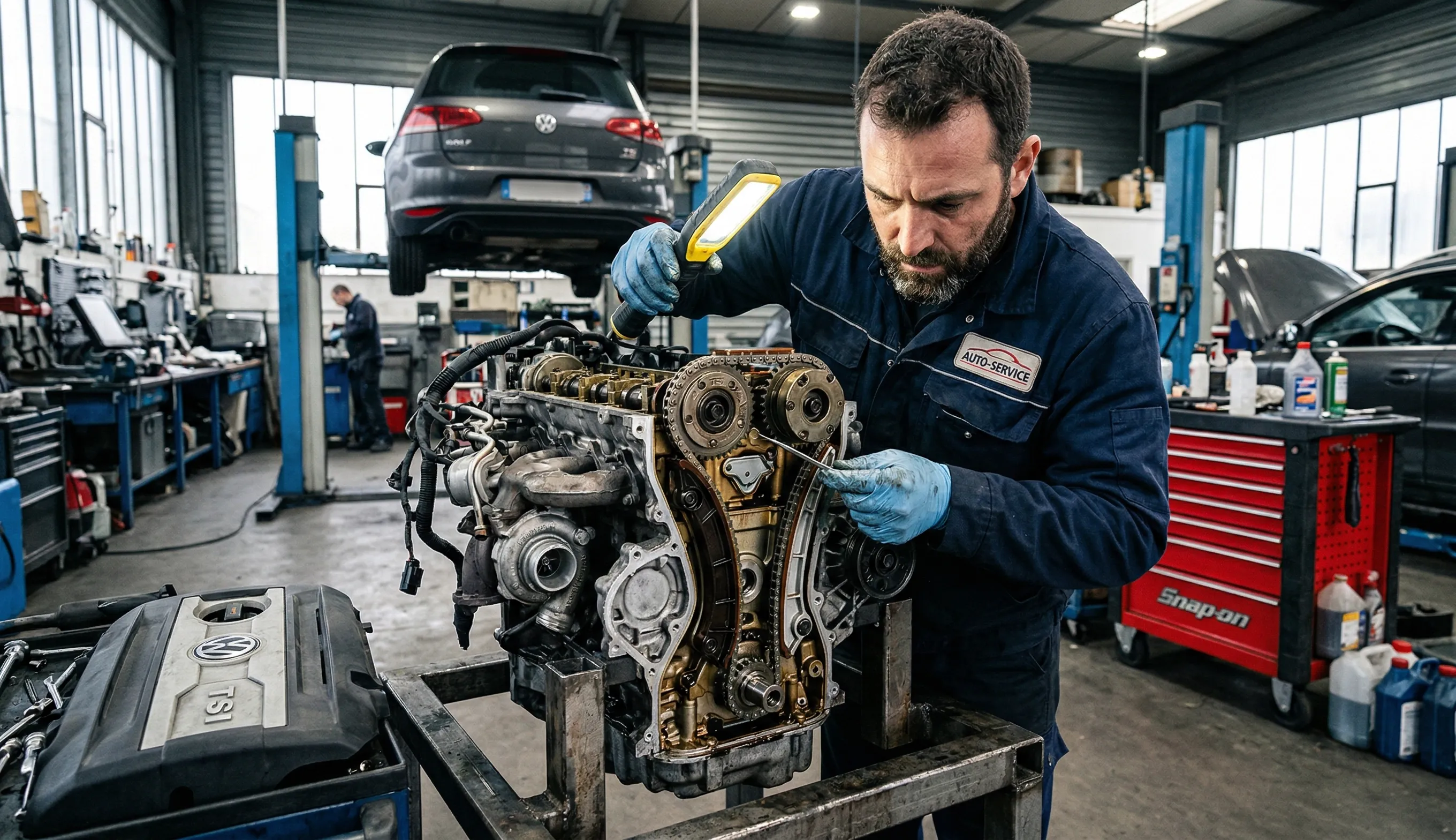 moteur TSI avec chaîne de distribution inspectée dans un garage