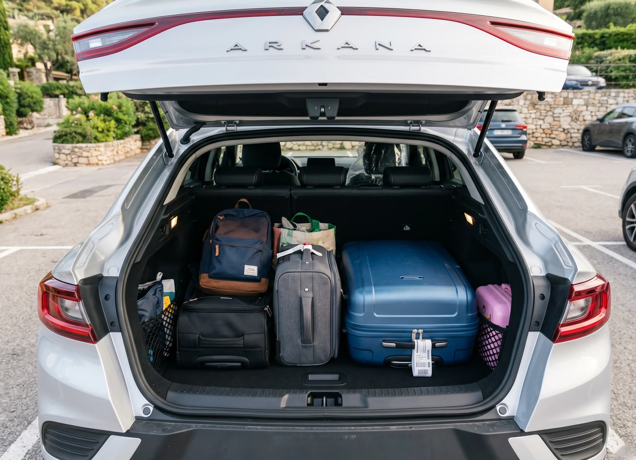 Coffre du Renault Arkana avec bagages et grand volume de chargement