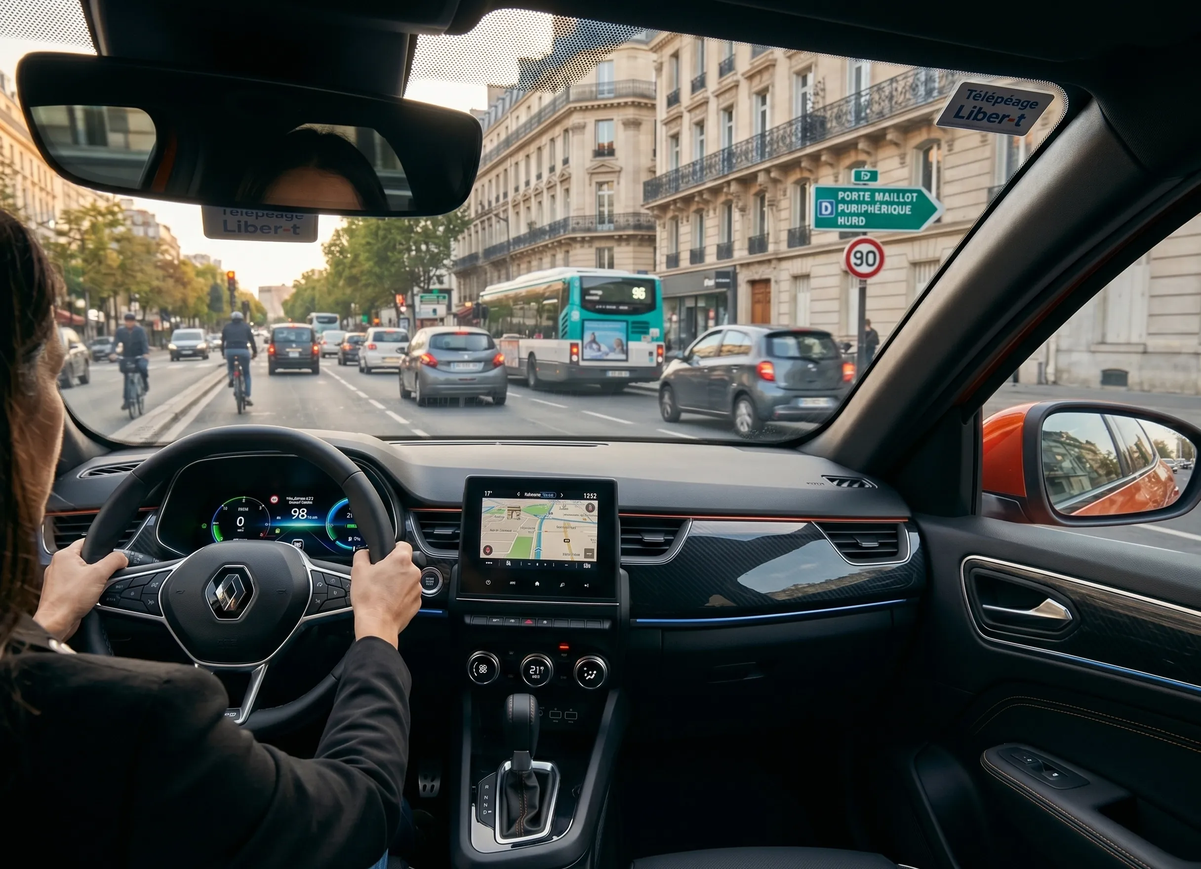 Renault Arkana hybride en circulation urbaine avec affichage consommation