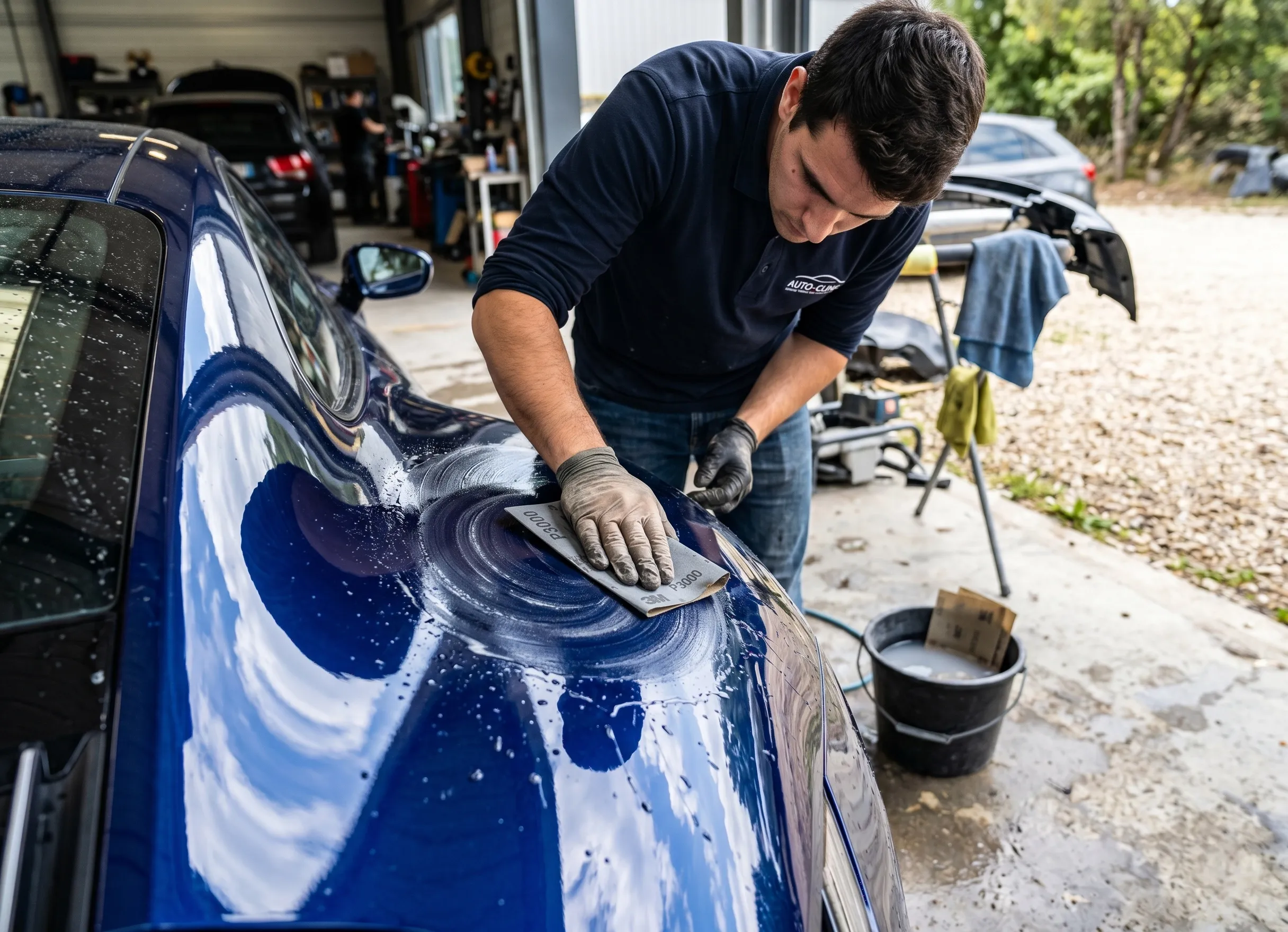 Réparation d’une rayure de voiture avec polish et ponçage humide sur carrosserie