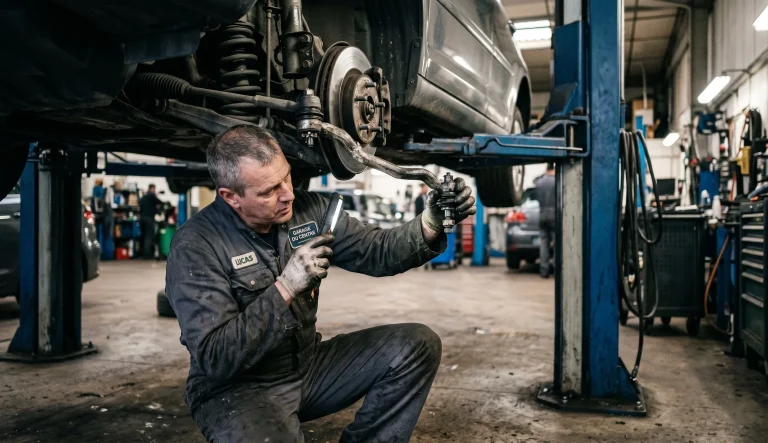 mécanicien contrôlant une rotule de direction sur une voiture pour assurer la sécurité du véhicule