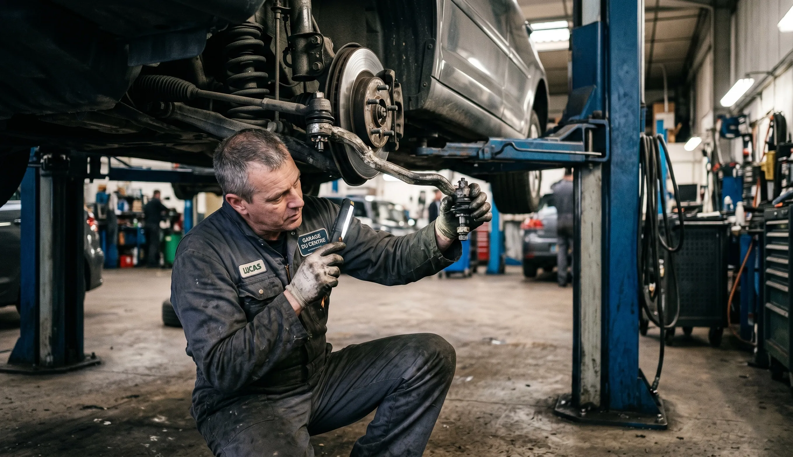 mécanicien contrôlant une rotule de direction sur une voiture pour assurer la sécurité du véhicule