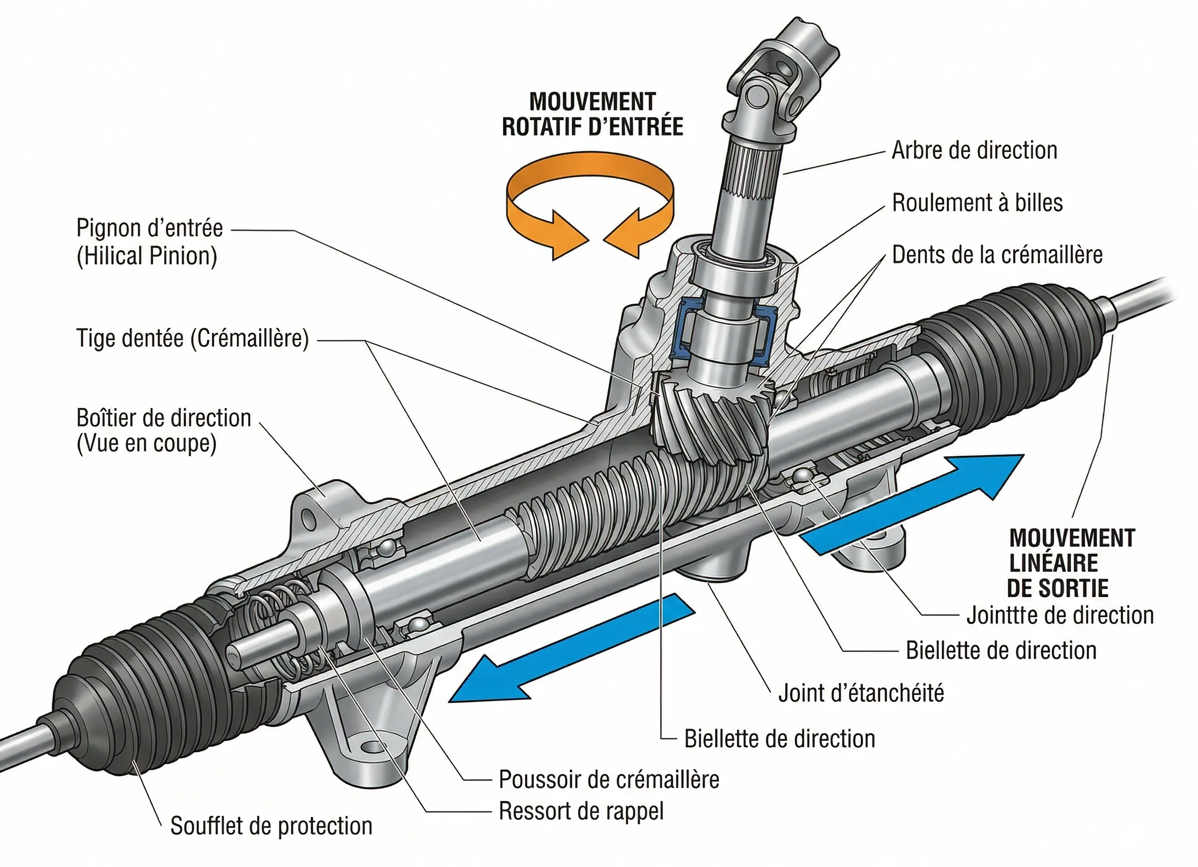 schéma crémaillère direction fonctionnement pignon tige dentée