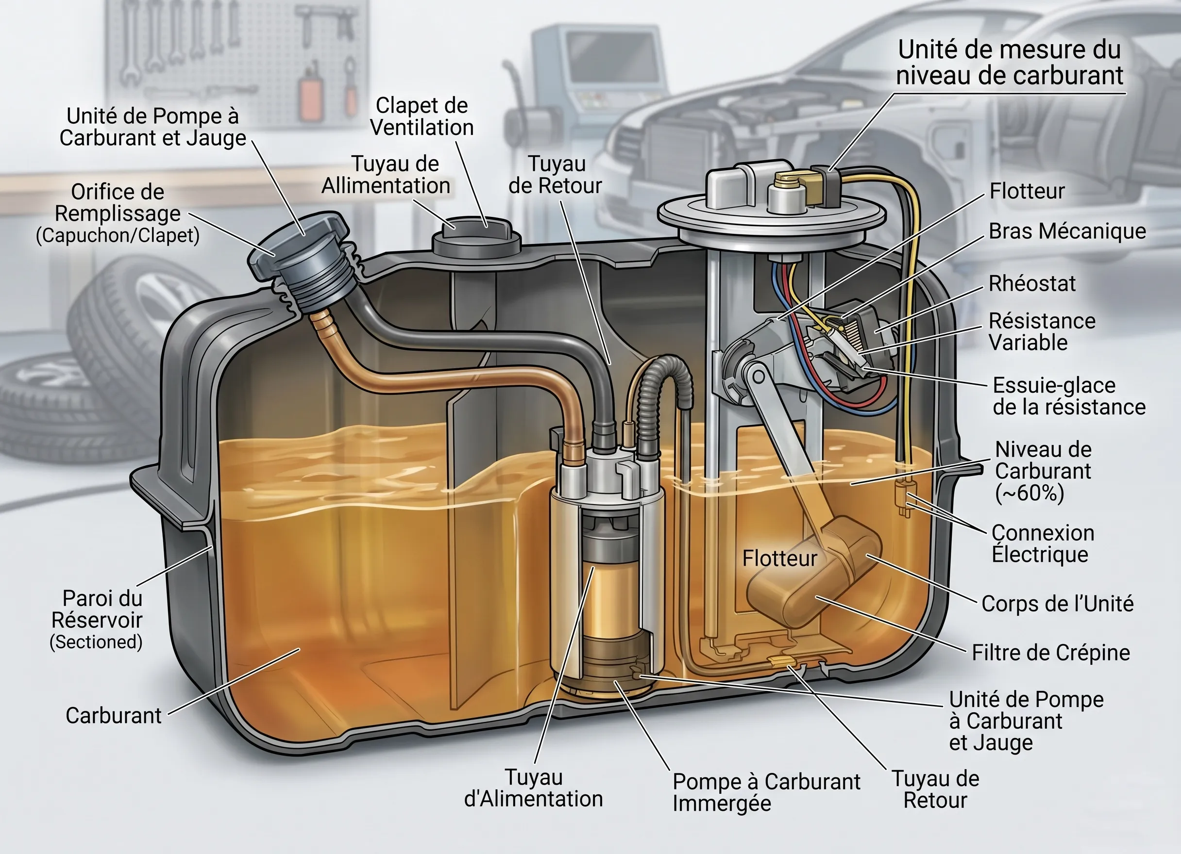 schéma fonctionnement flotteur et rhéostat jauge carburant