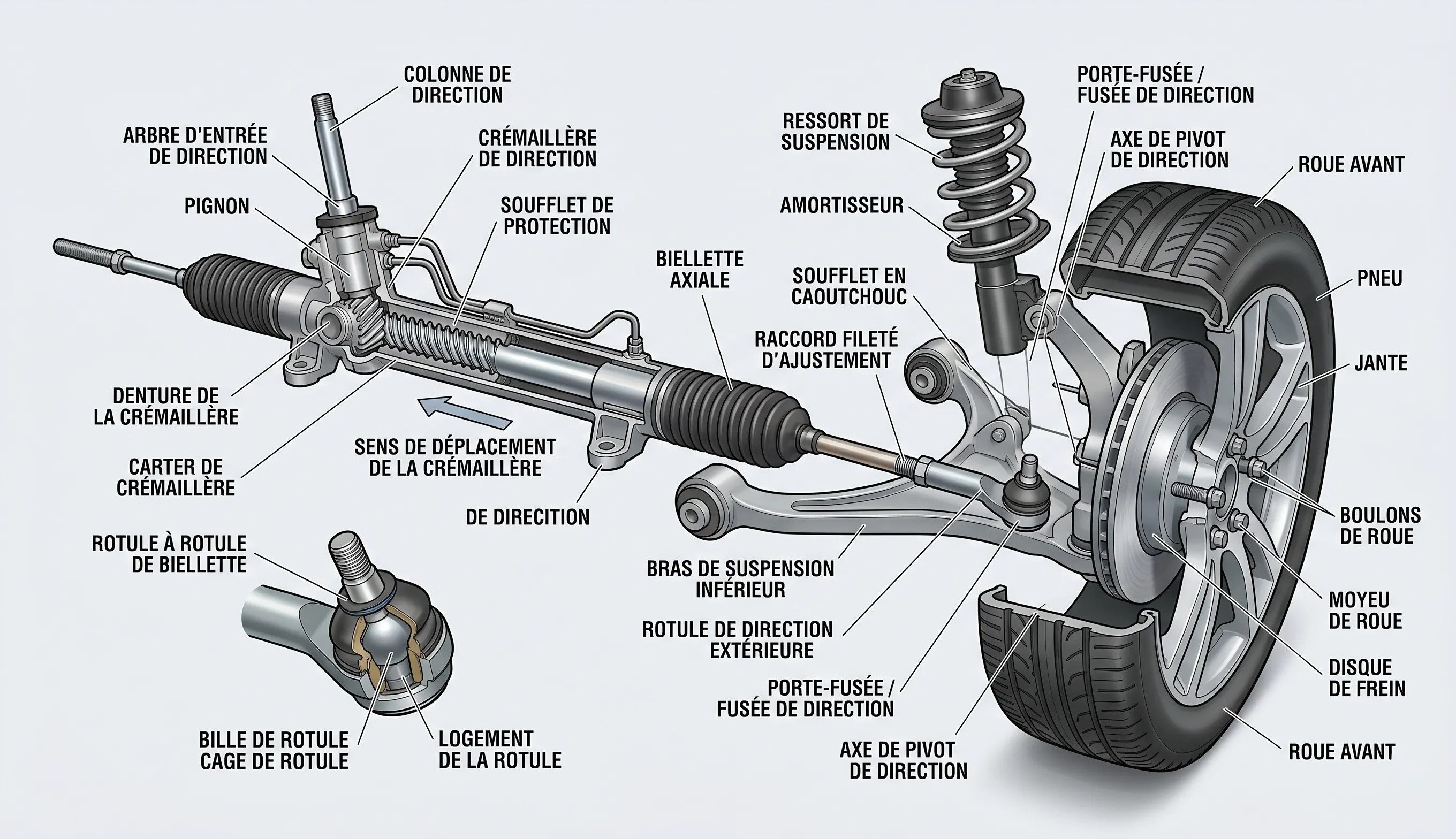 schéma du système de direction automobile avec crémaillère biellette et rotule de direction