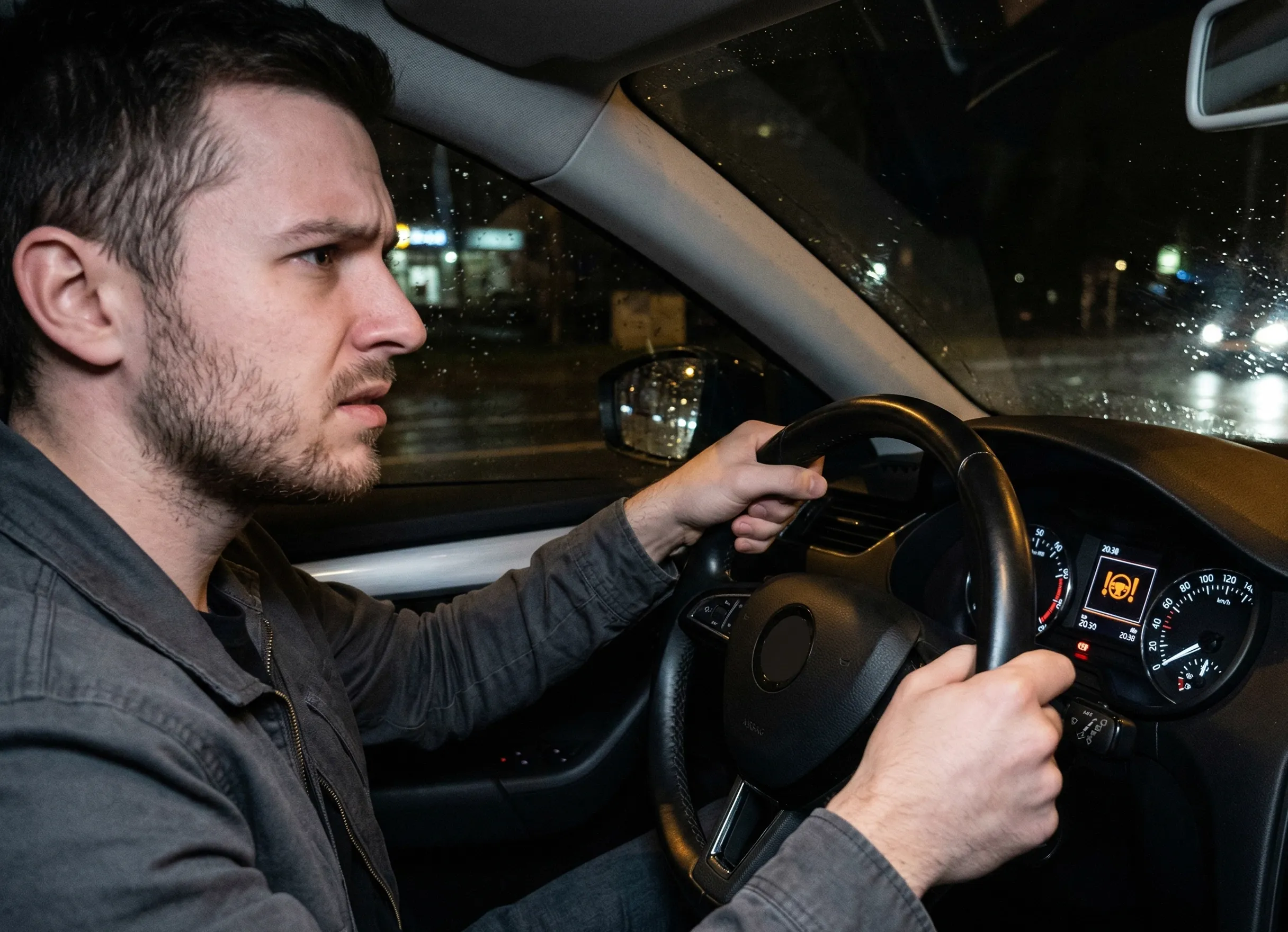 conducteur confronté à un volant dur avec voyant de direction allumé sur le tableau de bord