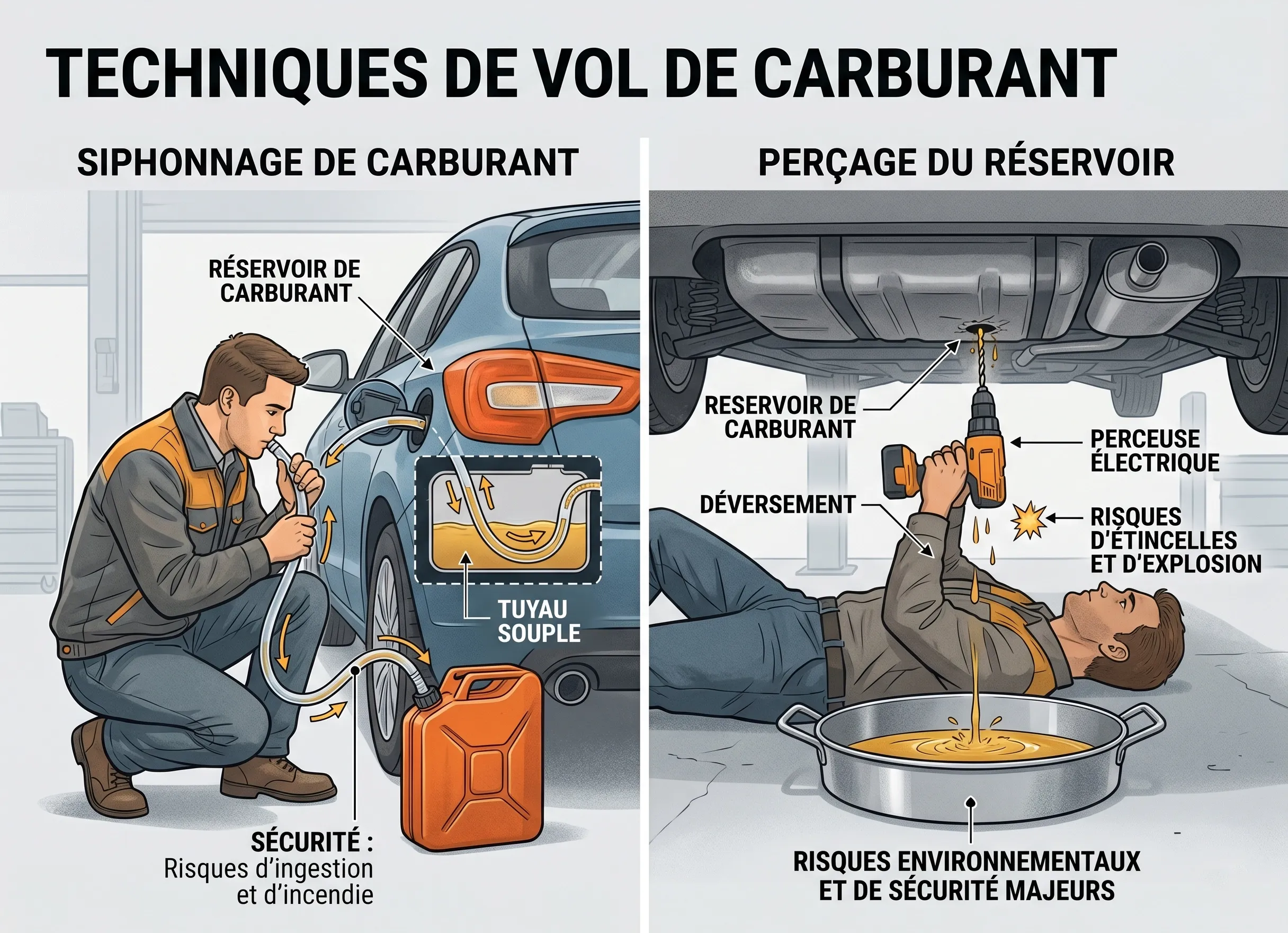 illustration des techniques de vol de carburant par siphonnage et perçage de réservoir