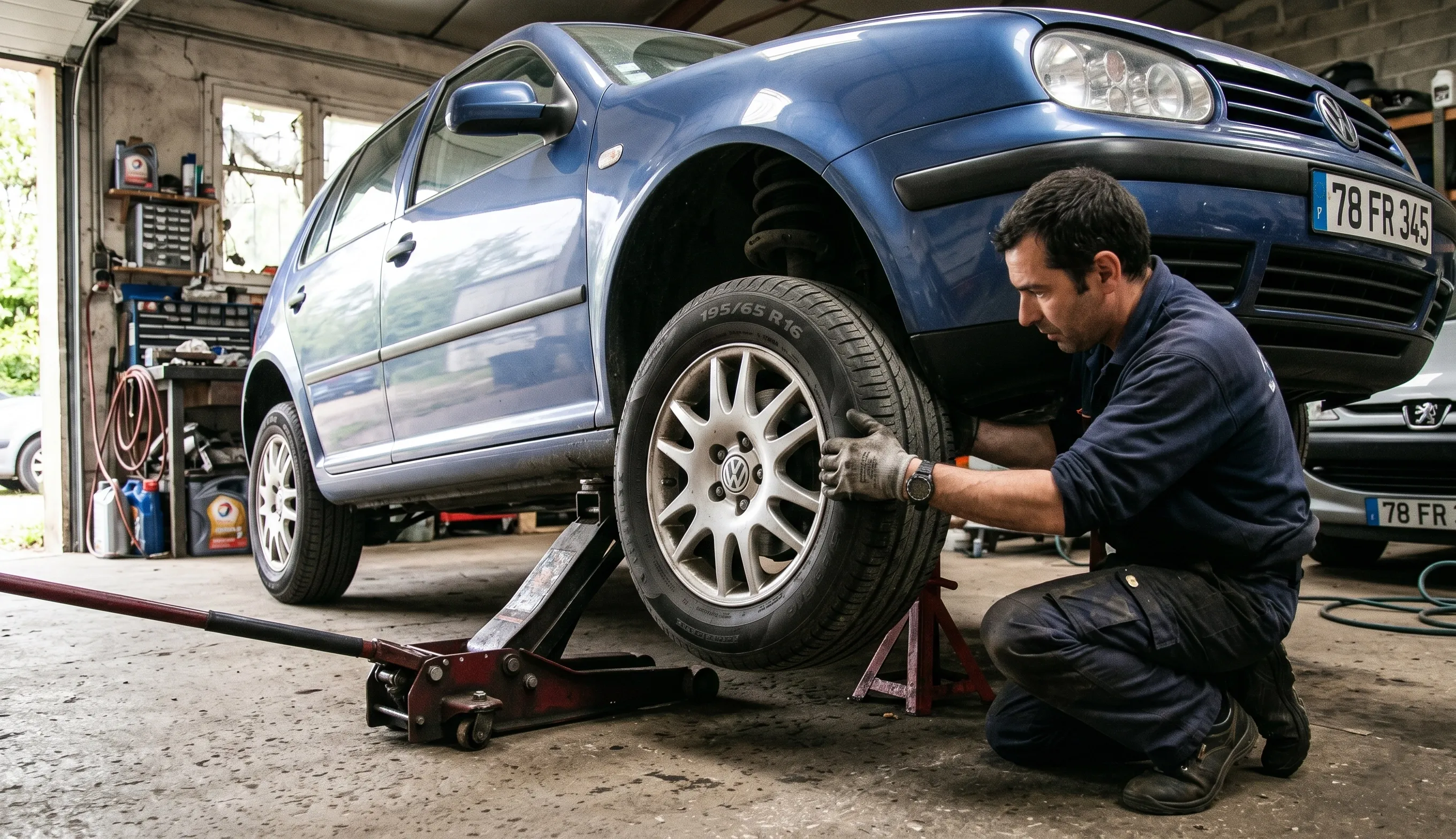 test du jeu de la rotule de direction en secouant une roue levée avec un cric