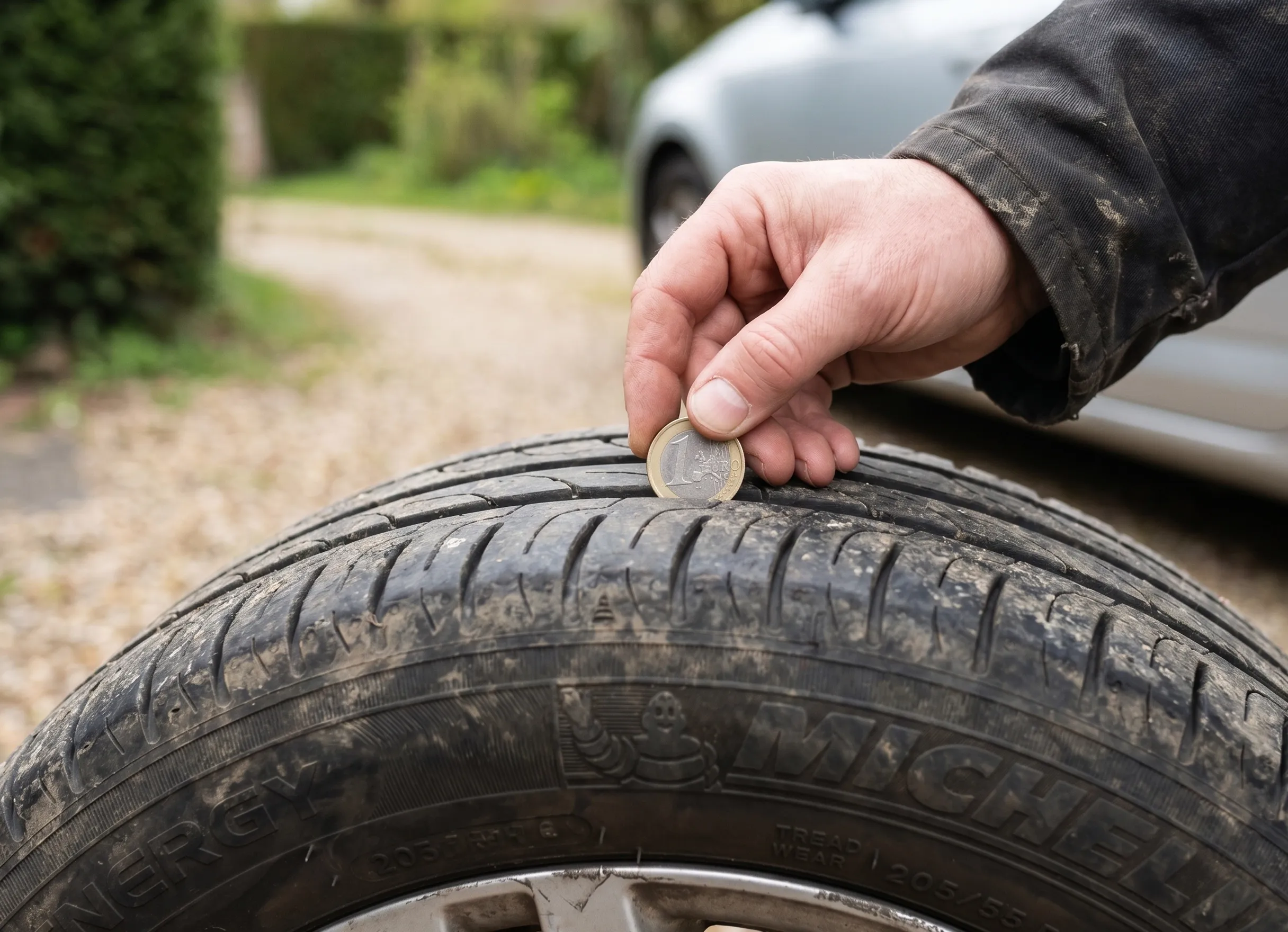 Test de profondeur d’usure d’un pneu avec une pièce de 1 euro insérée dans la rainure pour vérifier la sécurité