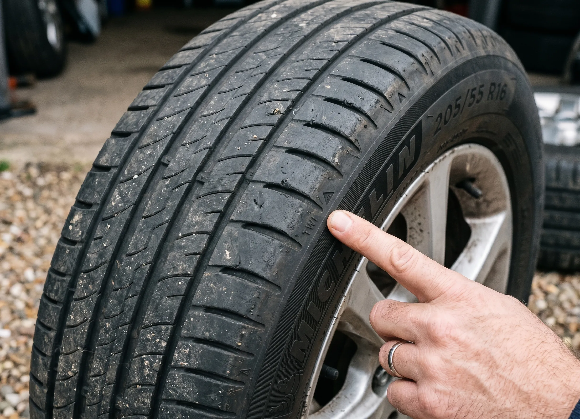 Gros plan sur les témoins d’usure TWI d’un pneu indiquant la limite légale d’usure des sculptures
