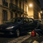 vol de carburant sur une voiture la nuit avec siphonnage dans une rue sombre