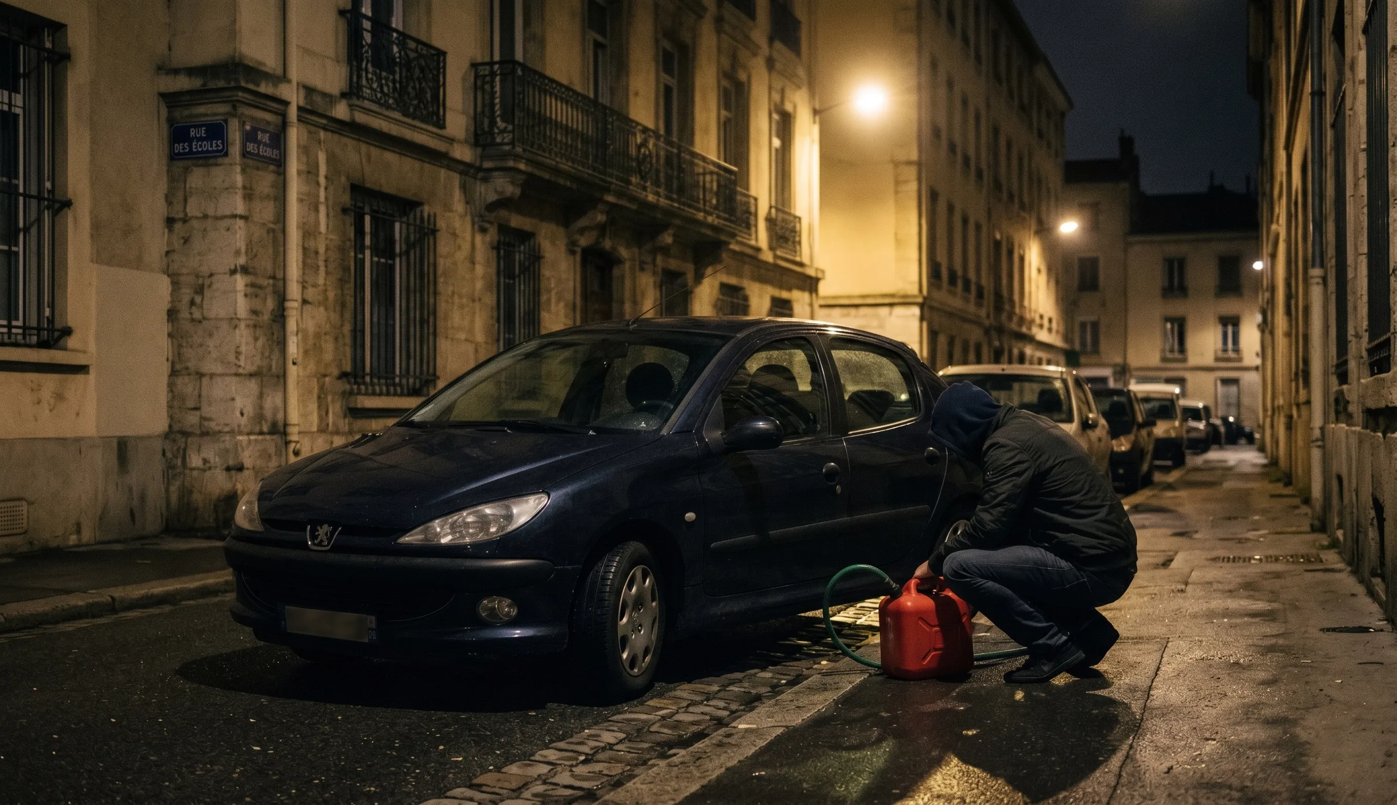 vol de carburant sur une voiture la nuit avec siphonnage dans une rue sombre