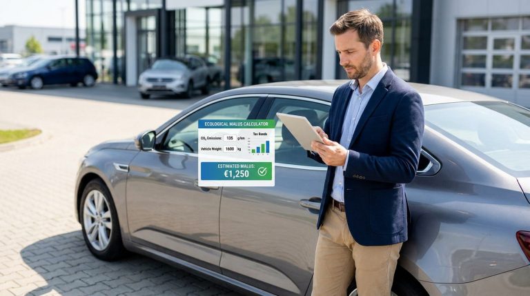 Un homme en costume utilisant une tablette devant une voiture pour calculer le malus écologique.