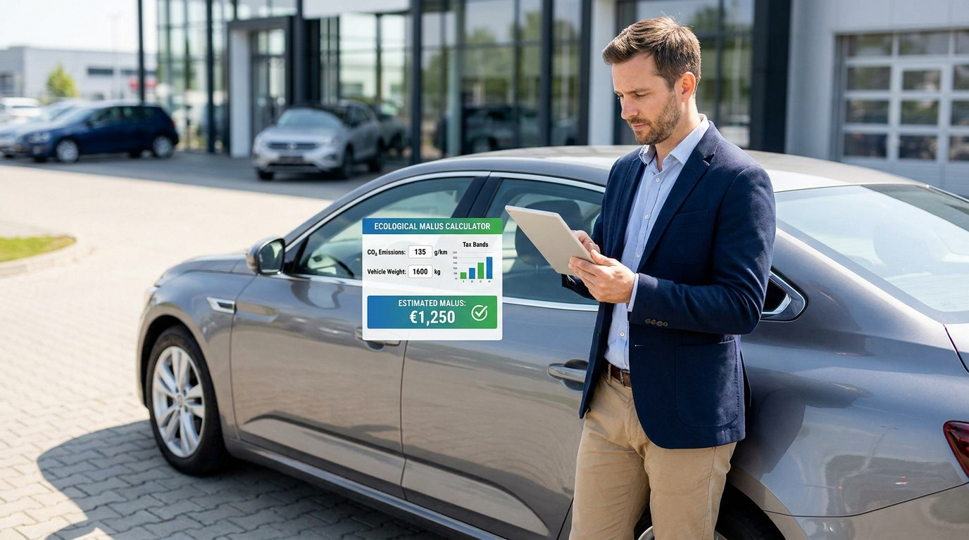 Un homme en costume utilisant une tablette devant une voiture pour calculer le malus écologique.