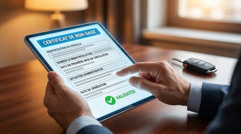 Mains tenant une tablette affichant un certificat de non-gage validé avec une clé de voiture à proximité.