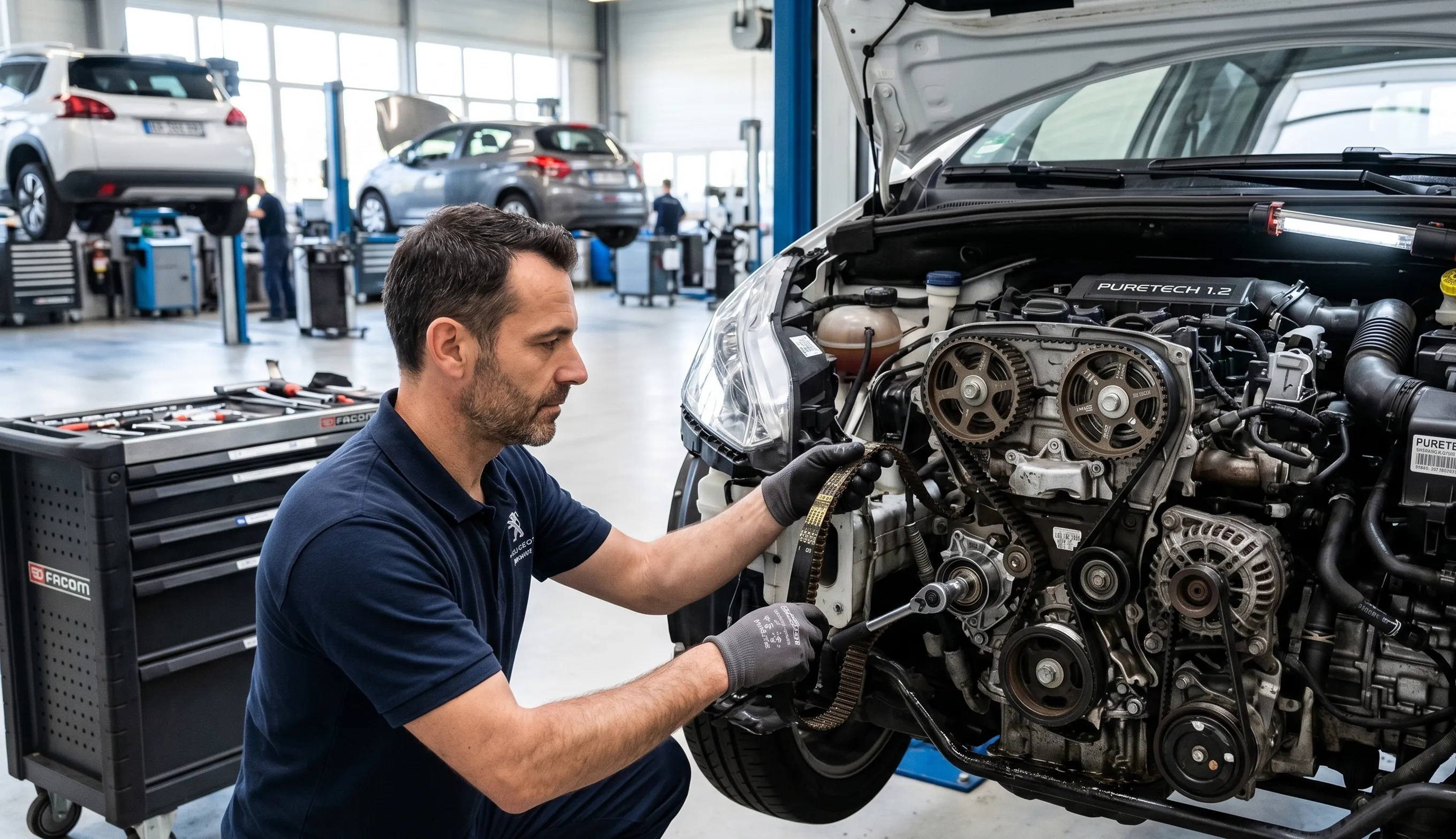 Remplacement de la courroie de distribution sur Peugeot 208 1.2 PureTech en atelier