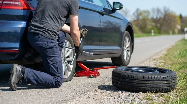 Un mécanicien utilisant une clé en croix pour desserrer les écrous d'une roue de voiture soulevée par un cric.