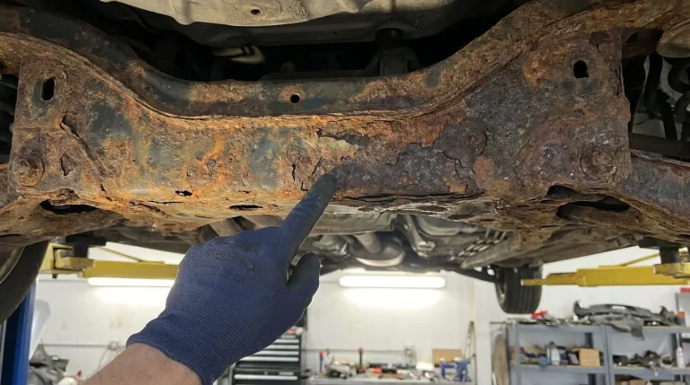 Une main gantée pointe une zone de rouille perforante et de corrosion avancée sur le châssis métallique d'un véhicule.