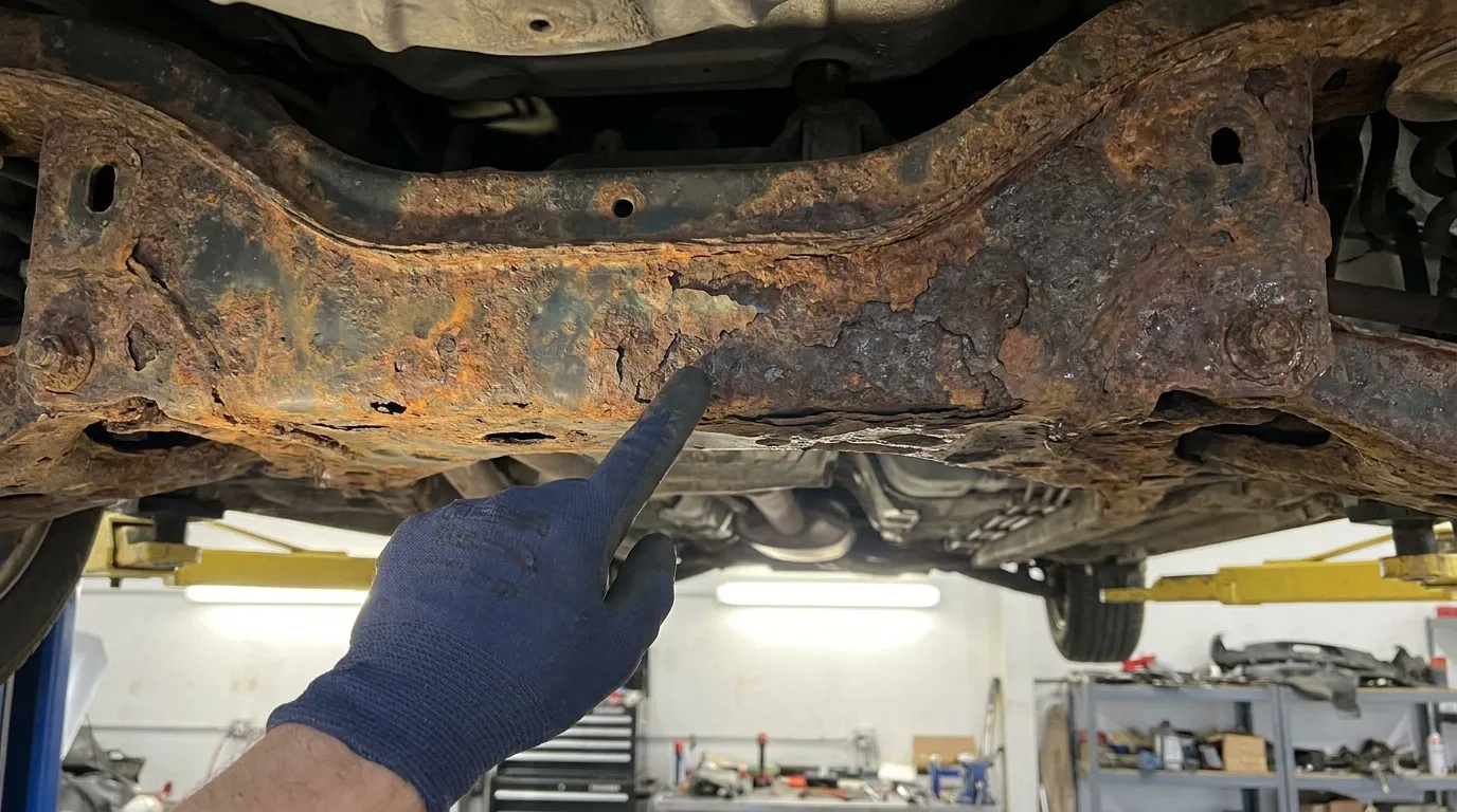 Une main gantée pointe une zone de rouille perforante et de corrosion avancée sur le châssis métallique d'un véhicule.