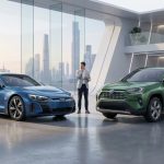 Un conseiller automobile présente une voiture électrique bleue et un SUV hybride vert dans un showroom moderne.