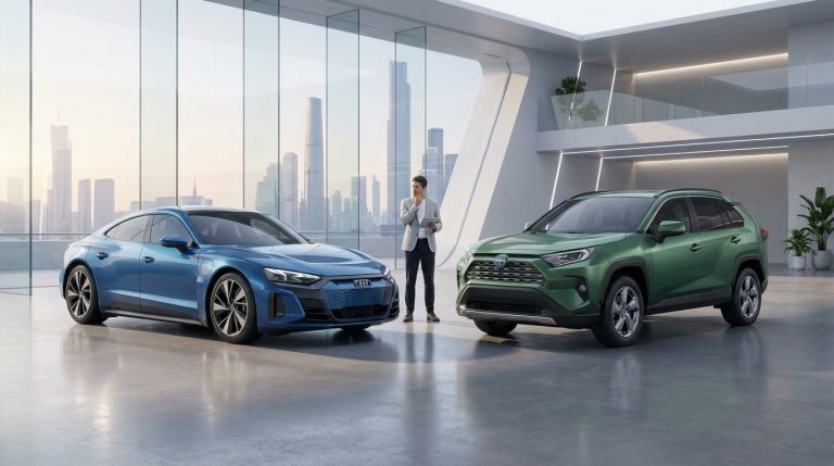 Un conseiller automobile présente une voiture électrique bleue et un SUV hybride vert dans un showroom moderne.